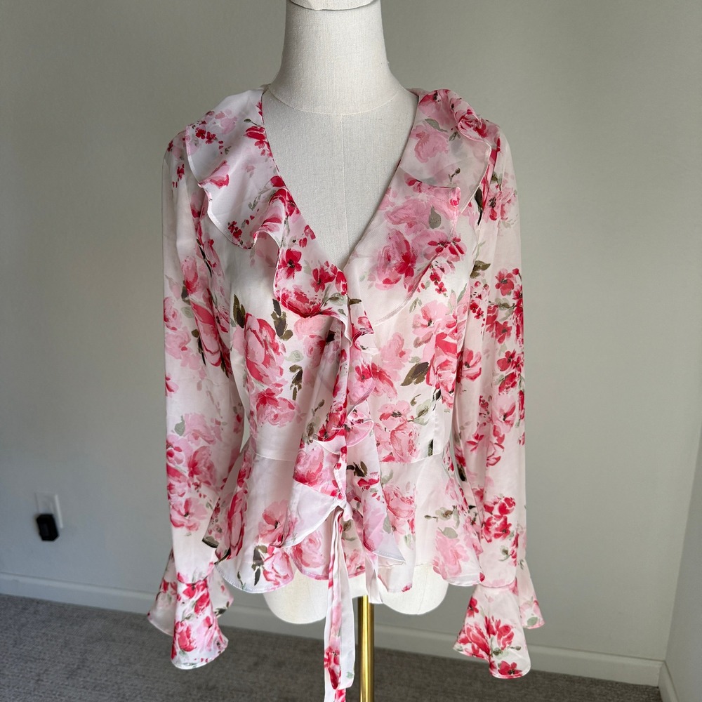 IF BY SEA Floral Ruffle Blouse Women's Small Pink Romantic Long Sleeve Romantic - Picture 1 of 9